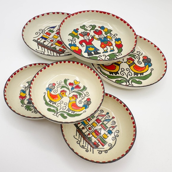 Greek Enamelware Plates Dishes Hand Painted Set Of Six Moissiadis Signed - Picture 3 of 12